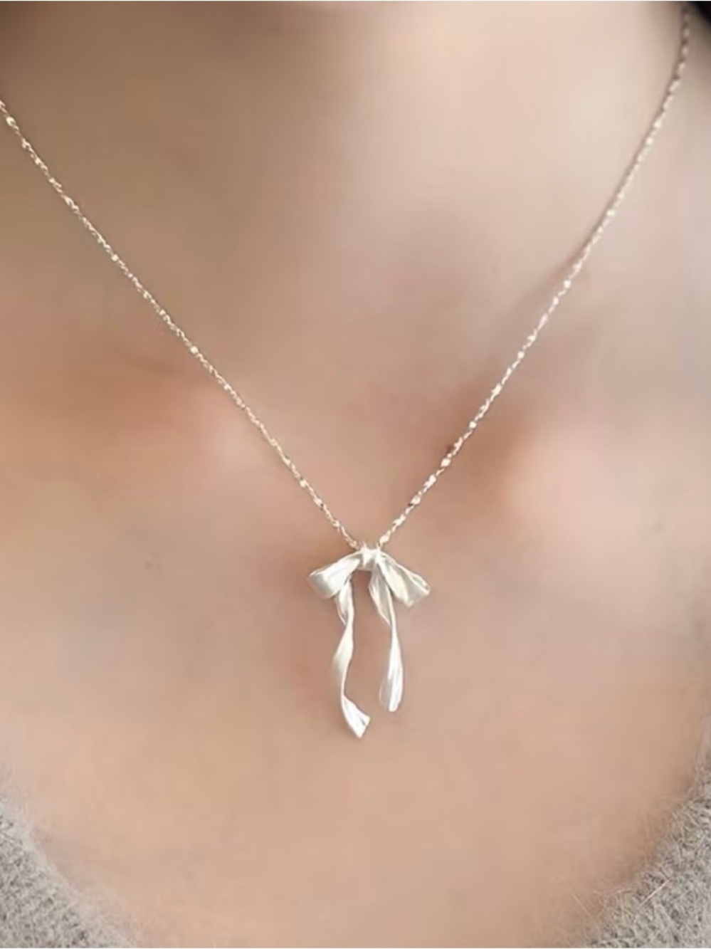 Delicate Silver Bow Pendant Necklace